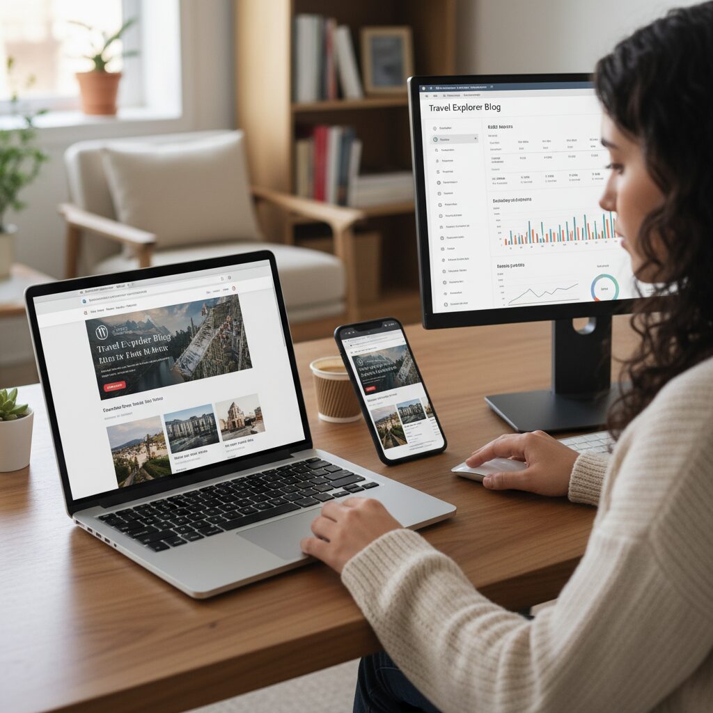 Personne consultant un site WordPress sur laptop et mobile avec analytics SEO