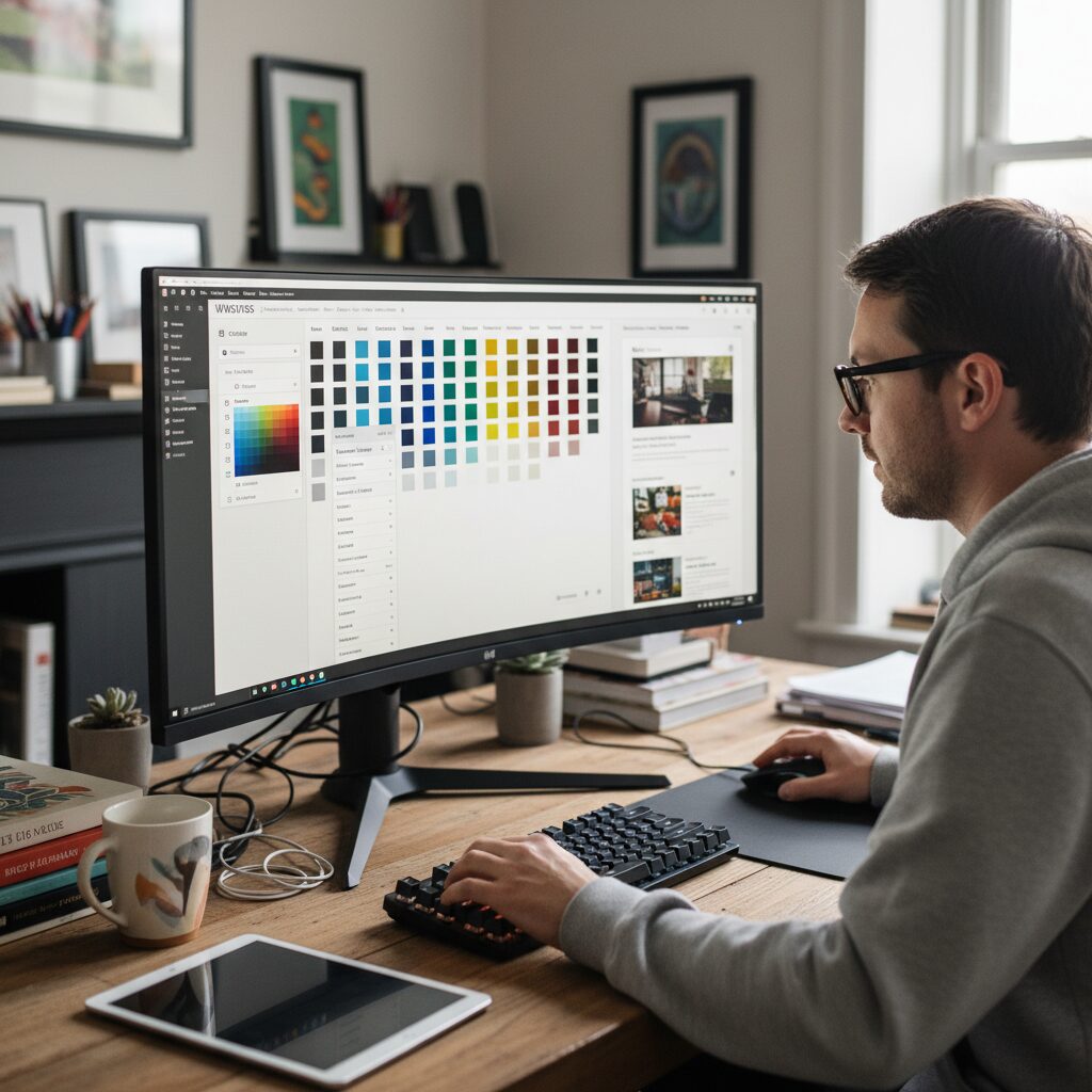 Designer personnalisant un thème WordPress sur grand écran avec palette de couleurs