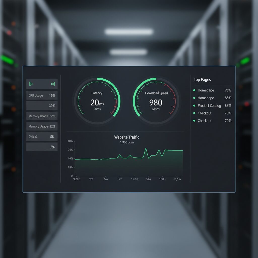 Tableau de bord serveur affichant les métriques de performance et vitesse du site