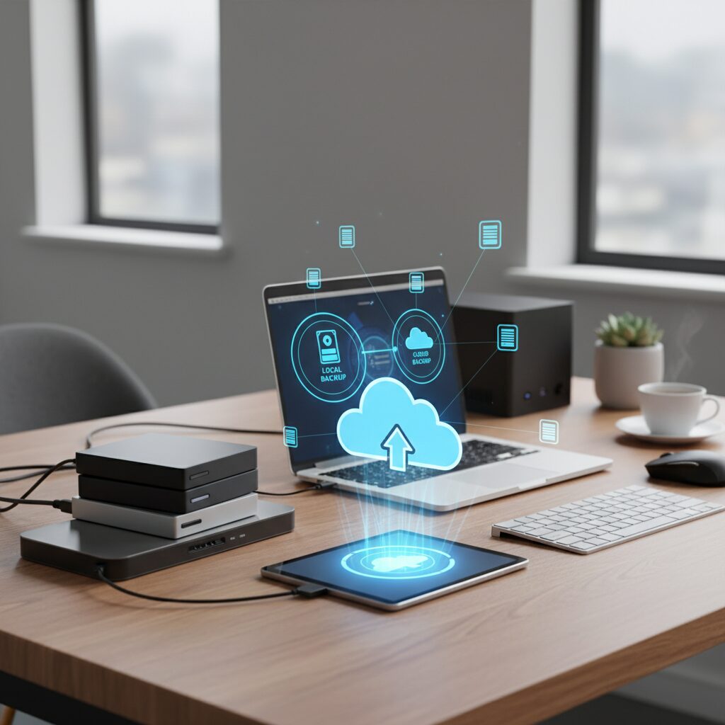 Disques durs externes et stockage cloud sur un bureau organisé pour les sauvegardes