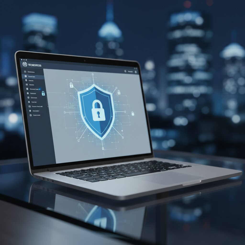 Concept de sécurité numérique avec panneau admin WordPress et icône bouclier