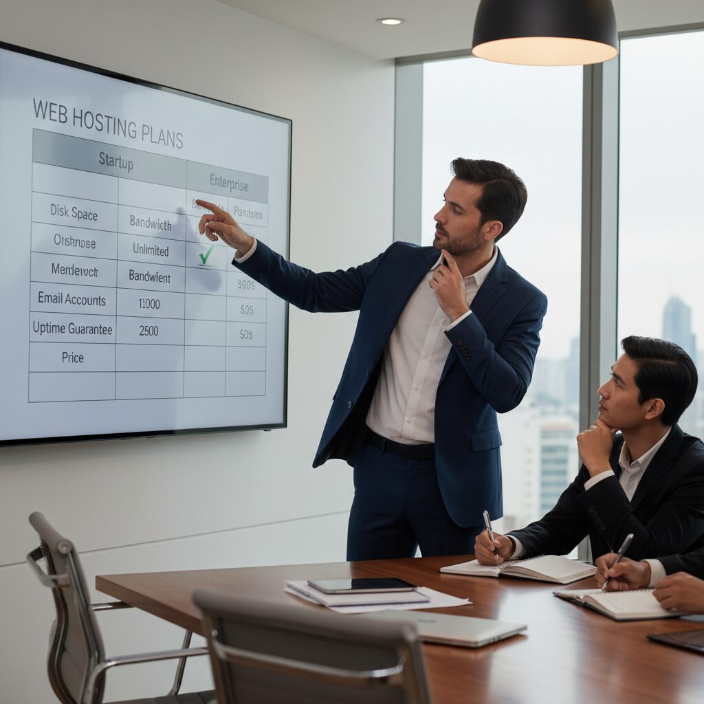 Personne d'affaires pointant un tableau comparatif d'offres d'hébergement