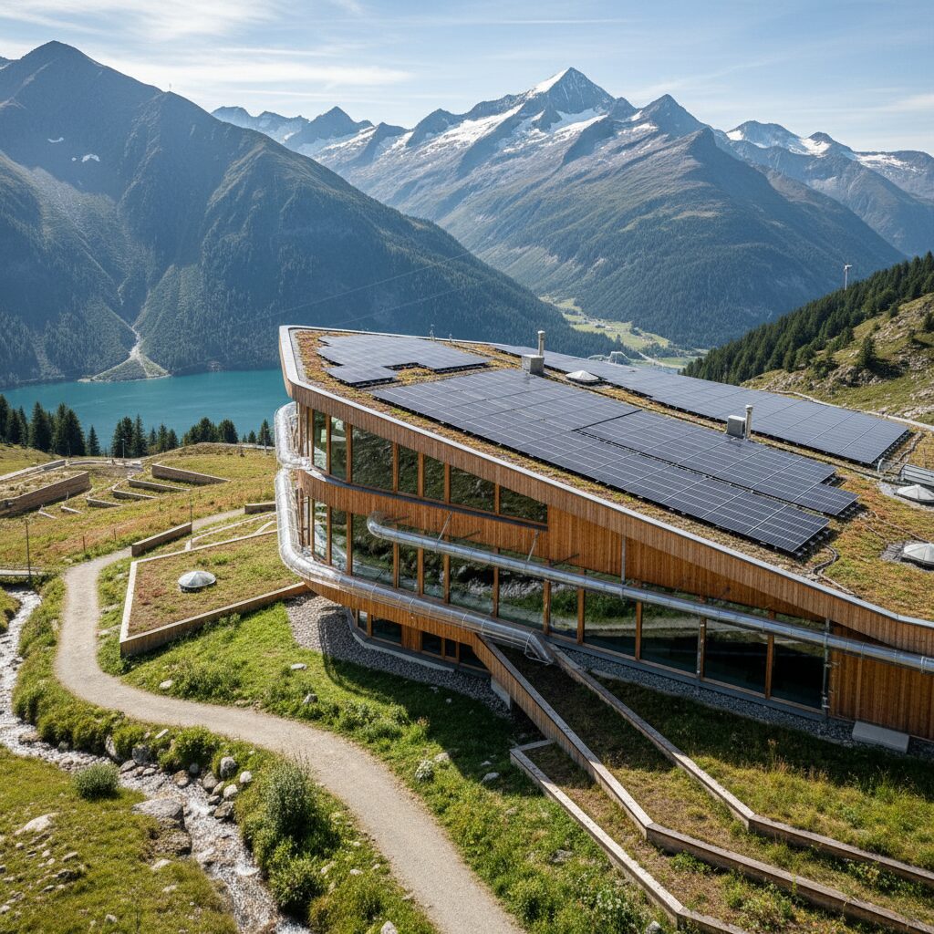 Paysage de montagne suisse avec bâtiment écologique et panneaux solaires