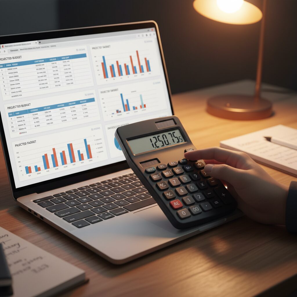 Main tenant une calculatrice près d'un laptop affichant des tableaux de prix