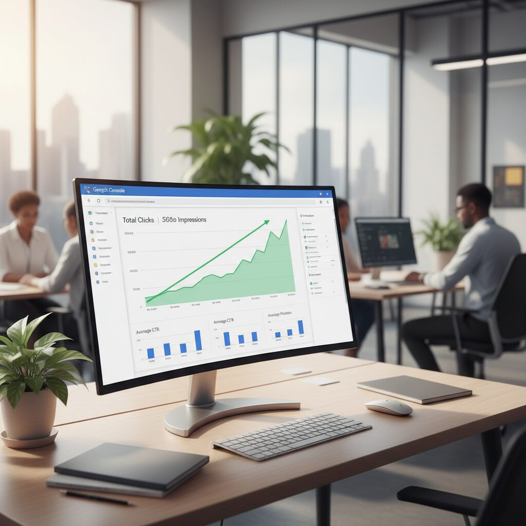 Dashboard Google Search Console avec graphiques SEO en hausse sur grand écran