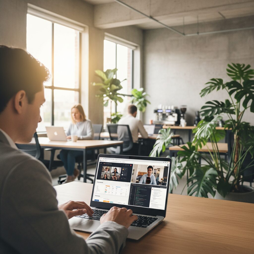 Personne travaillant sur laptop avec plusieurs plateformes web visibles, espace de coworking