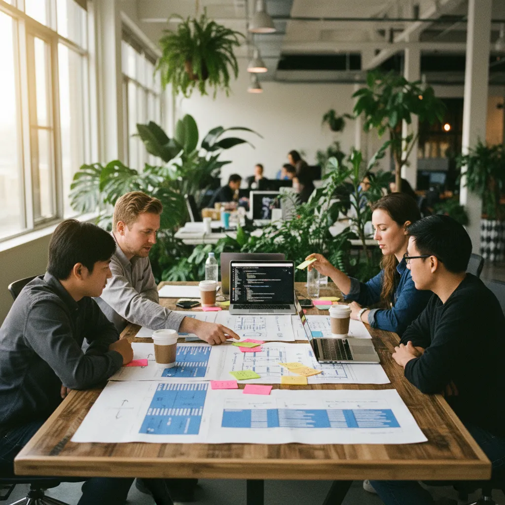Une équipe de développeurs valide un modèle conceptuel de données en atelier collaboratif