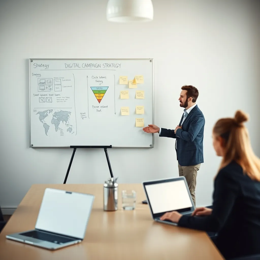 Réunion stratégique au sein d'une agence digitale pour définir un plan d'acquisition