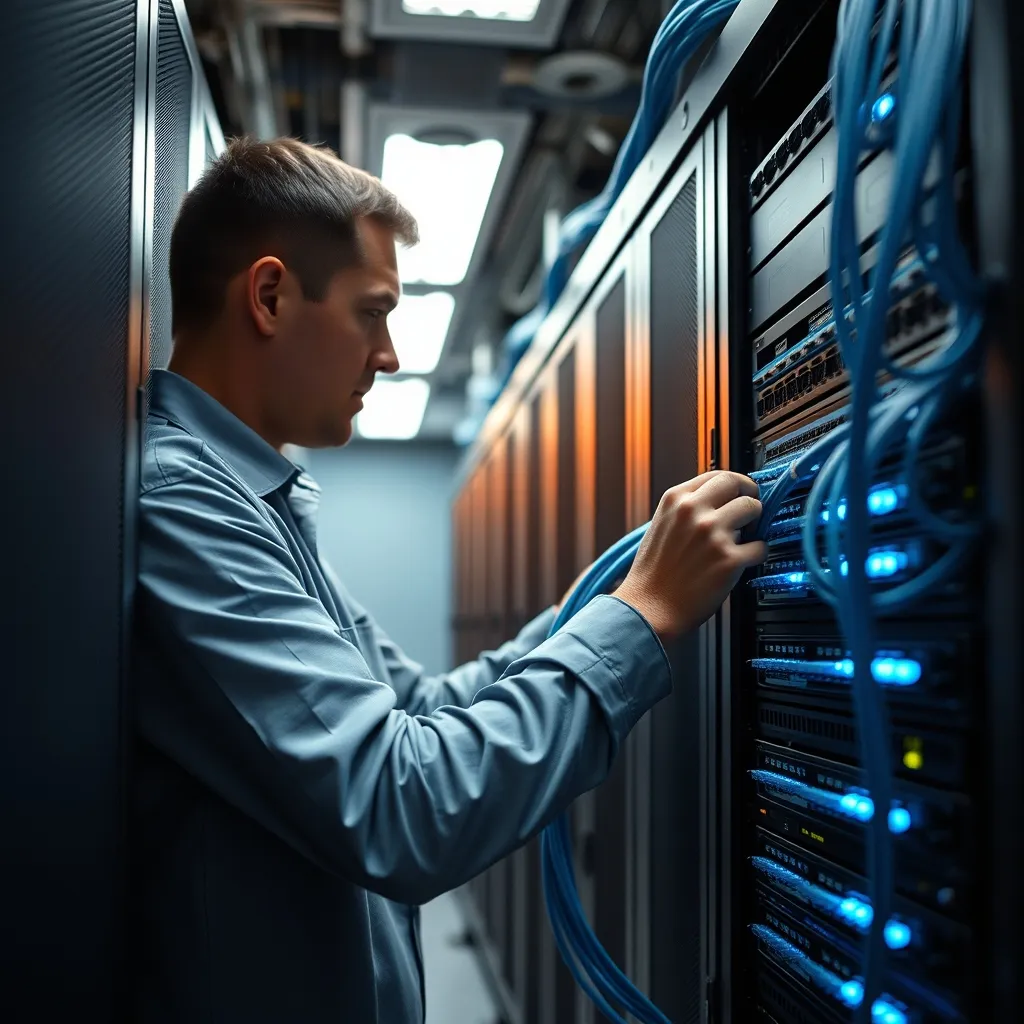 Technicien réseau connectant des câbles fibre optique sur une baie serveur dédiée au cloud privé
