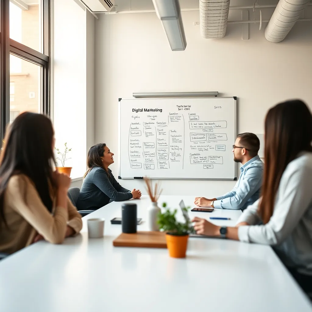 Une équipe en agence de marketing digital élabore sa stratégie trimestrielle