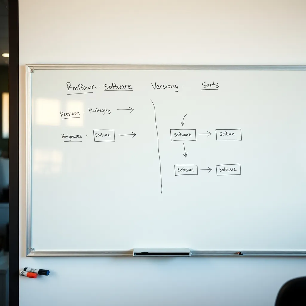 Un tableau blanc illustrant un workflow de versioning dans un bureau technique