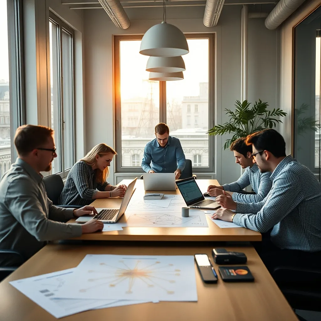 Équipe d'ingénieurs cybersécurité en réunion de travail sur un projet d'infrastructure réseau
