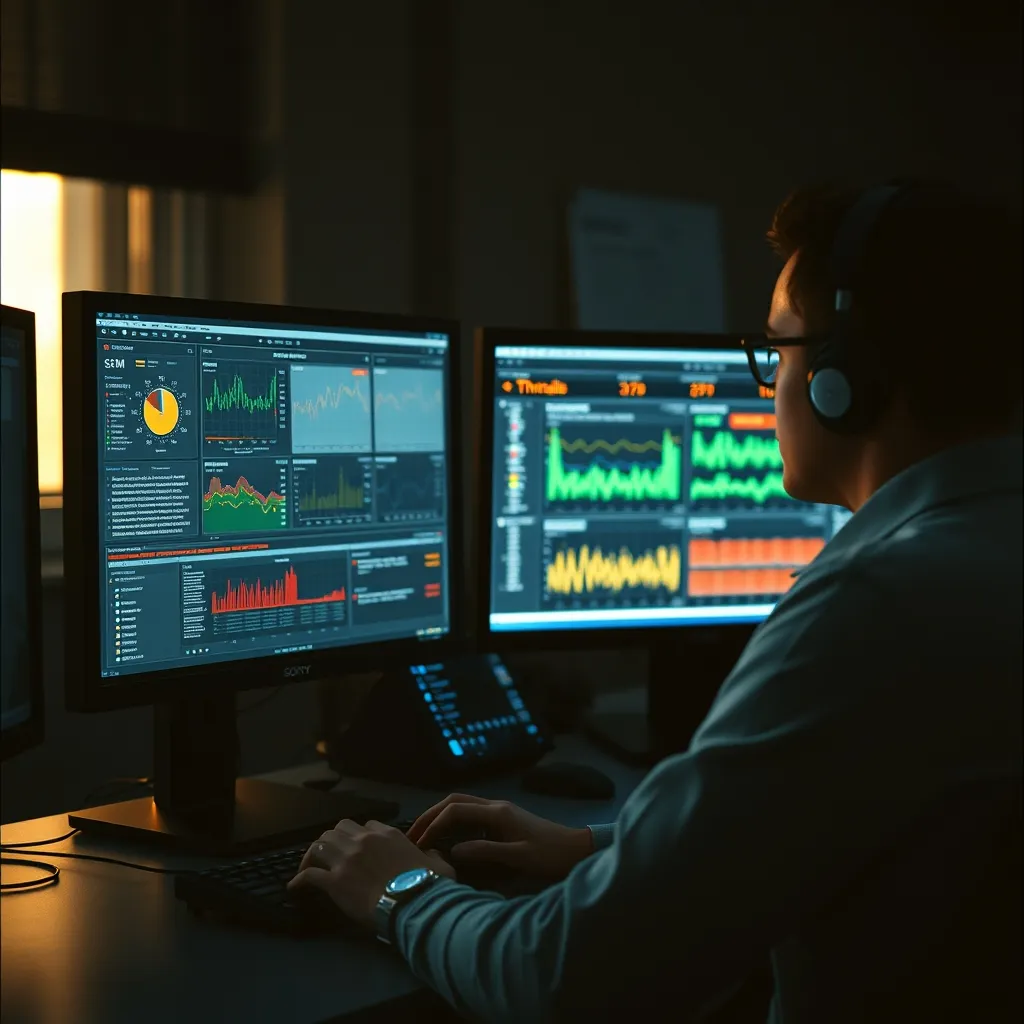 Analyste SOC surveillant les alertes de sécurité sur son poste de travail