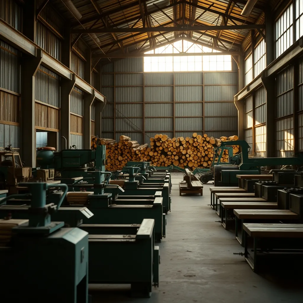 Un entrepôt de matériel forestier avec différentes machines en exposition