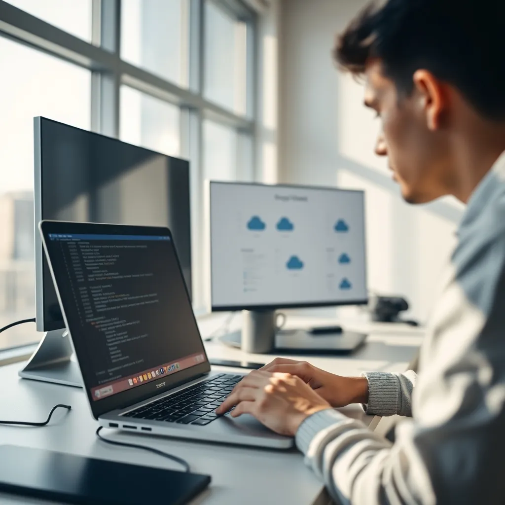 Un développeur déployant une application sur un serveur cloud depuis son bureau