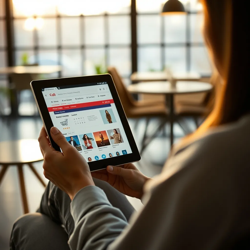 Navigation sur une boutique en ligne depuis une tablette dans un espace de travail moderne