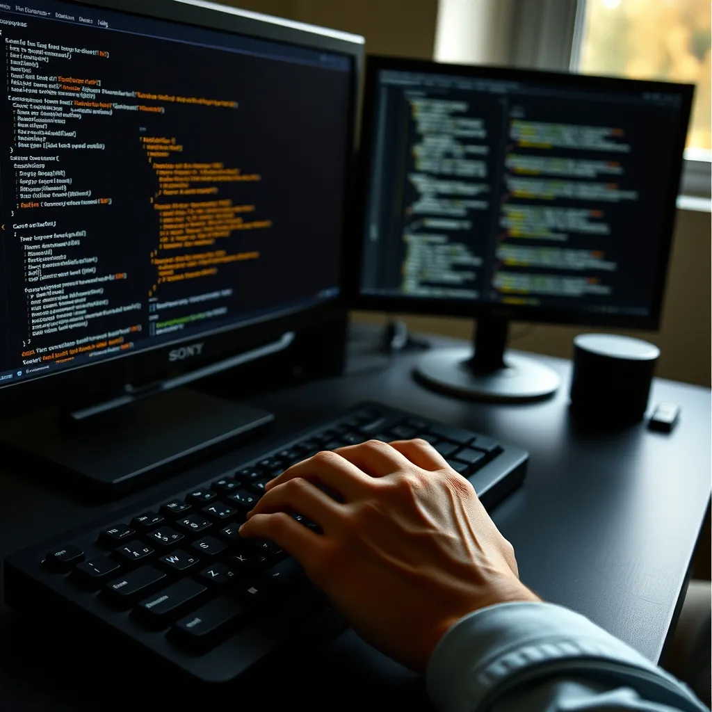 Poste de travail d'un développeur freelance avec double écran et éditeur de code