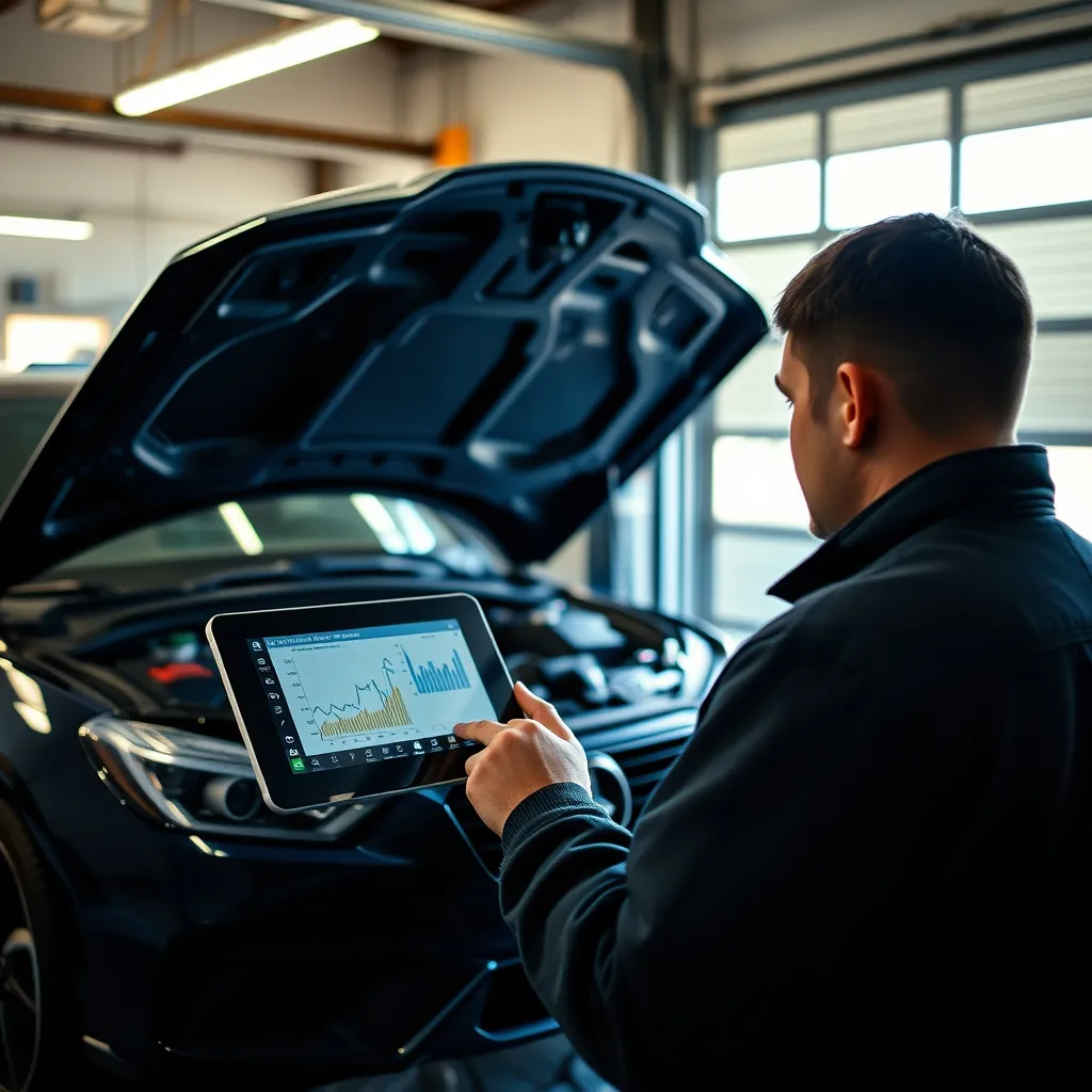 Mécanicien utilisant un outil de diagnostic IA sur un véhicule moderne en atelier