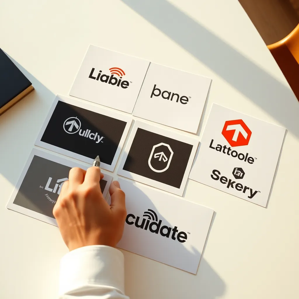 Comparaison de plusieurs variantes de logos imprimées sur une table de travail