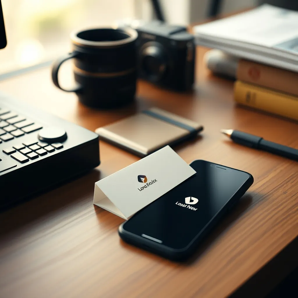 Carte de visite avec un logo minimaliste posée sur un bureau en bois