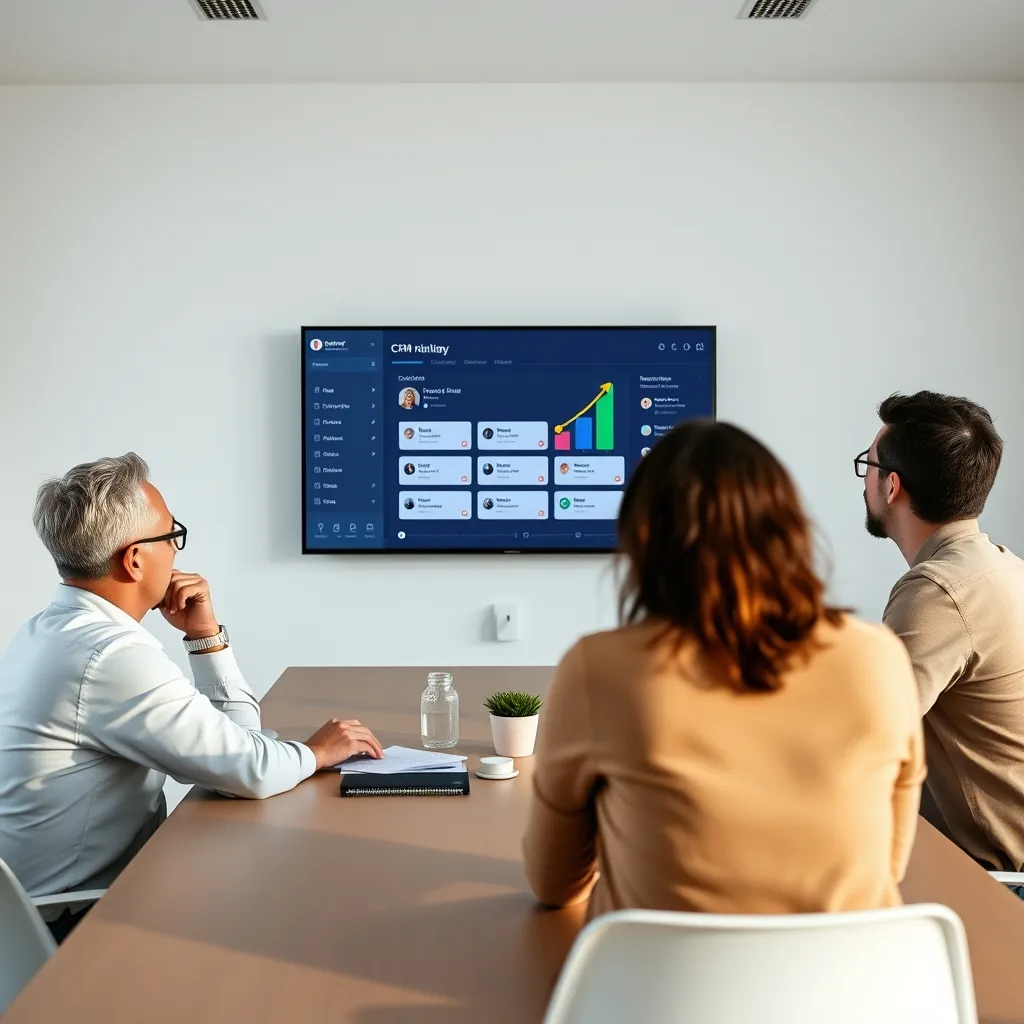 Une équipe commerciale consultant son CRM SaaS lors d'une réunion de suivi