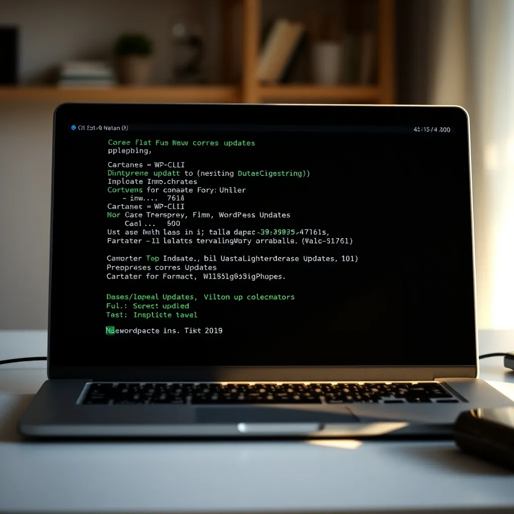 Commandes WP-CLI exécutées dans un terminal pour mettre à jour le core WordPress