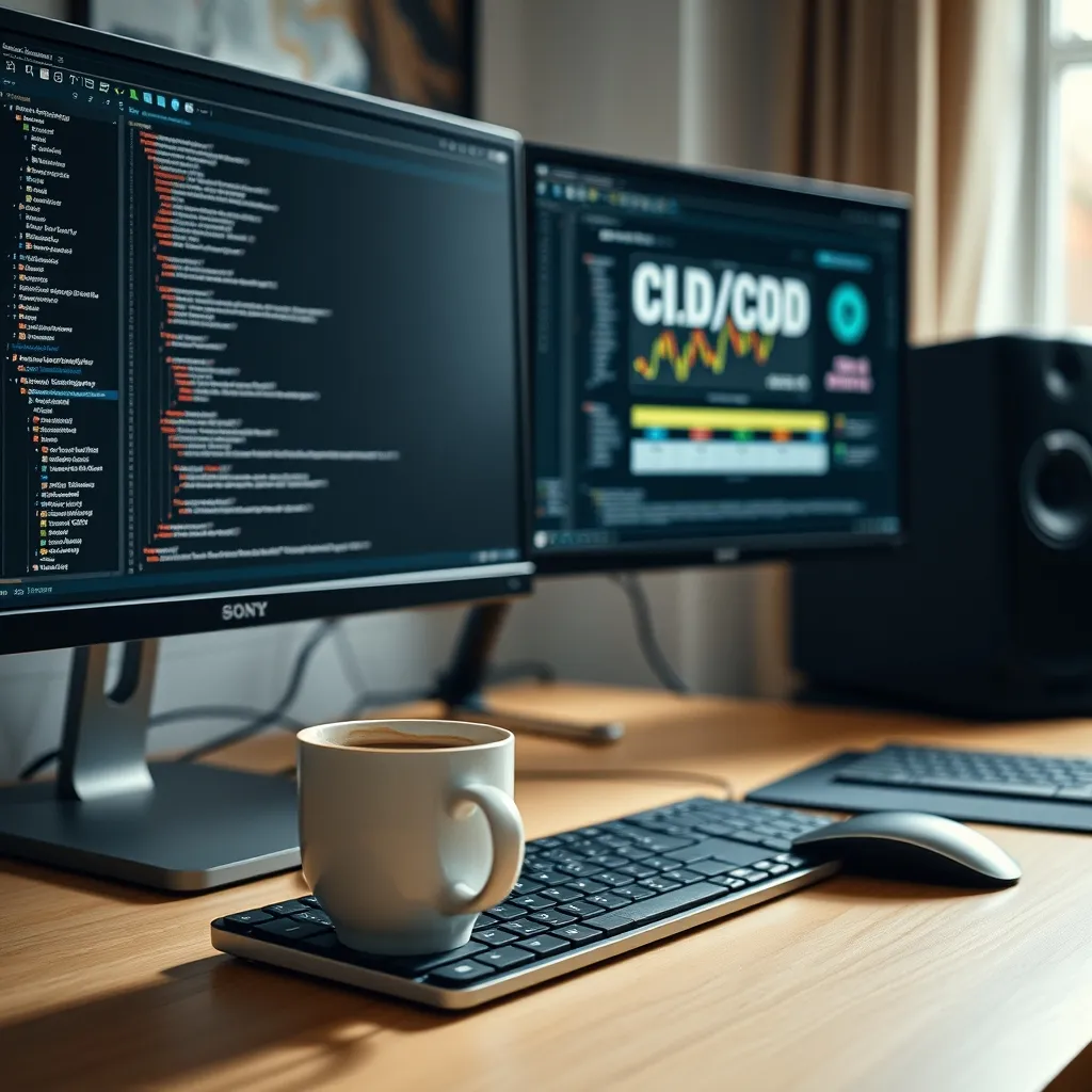 Un poste de développeur affichant un éditeur de code et un pipeline d'intégration continue