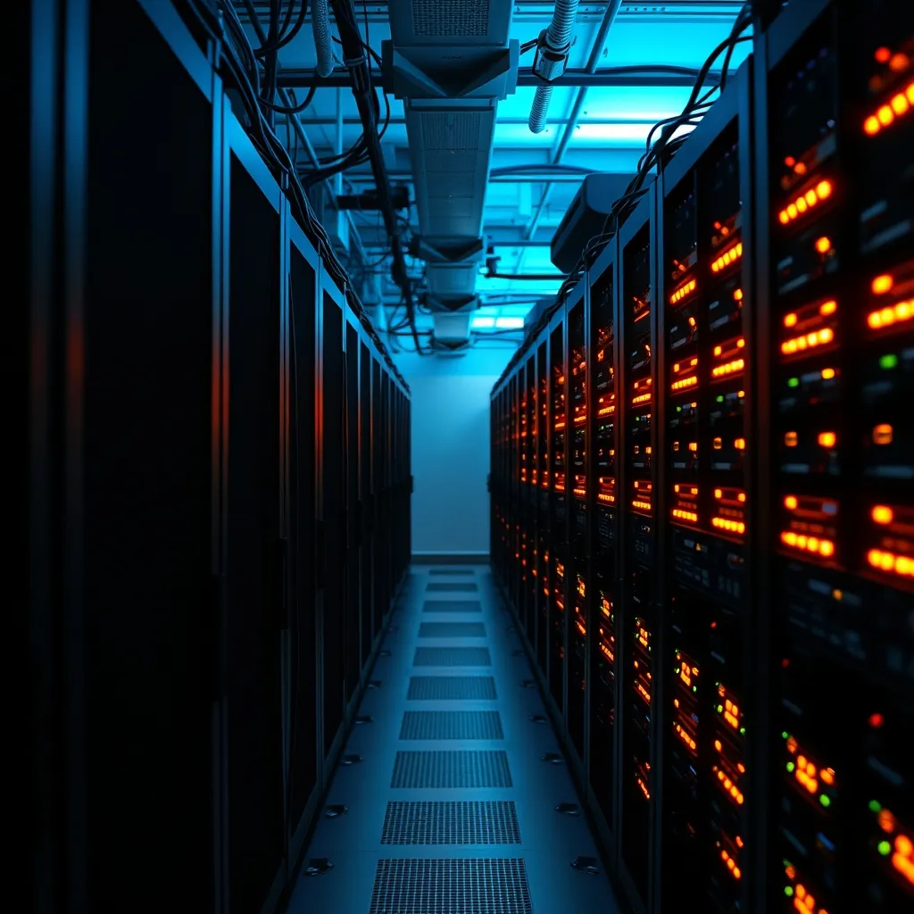 Une salle serveur moderne illustrant l'infrastructure gérée dans une approche DevOps
