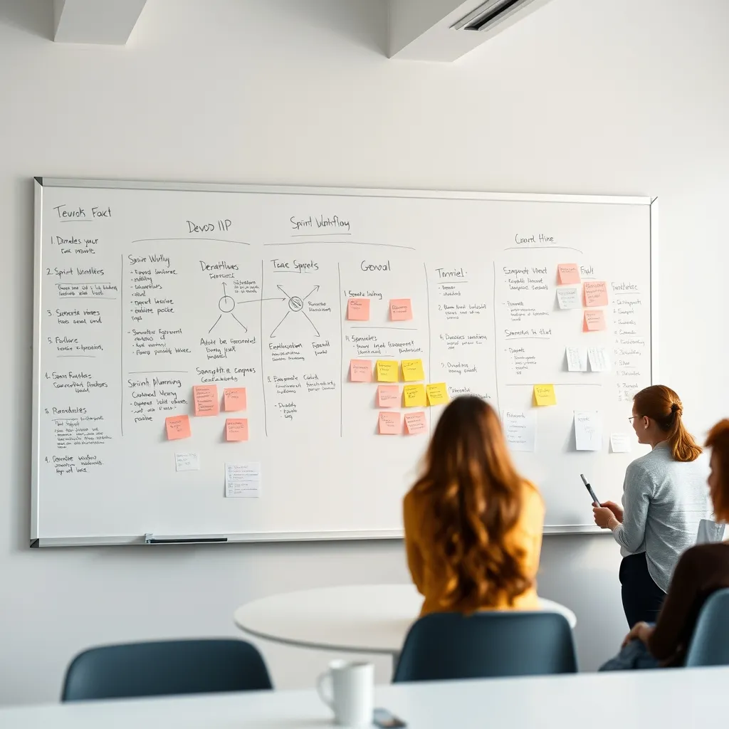 Un tableau blanc couvert de diagrammes de flux DevOps lors d'une session de planification d'équipe