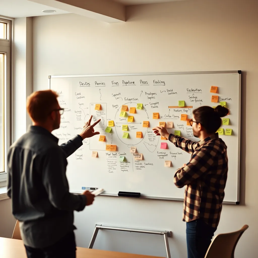 Schématisation d'un pipeline DevOps sur un tableau blanc lors d'une réunion d'équipe