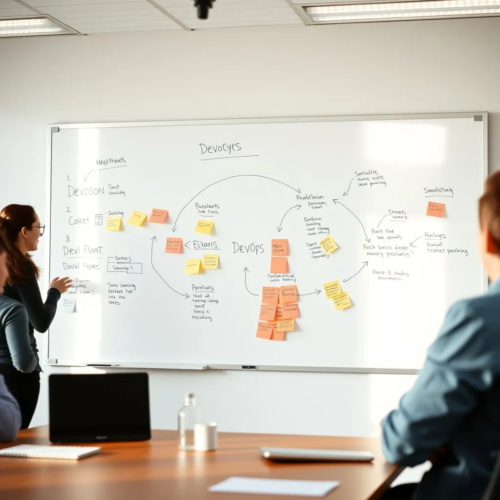 Tableau blanc illustrant les principes et le cycle DevOps lors d'une réunion d'équipe