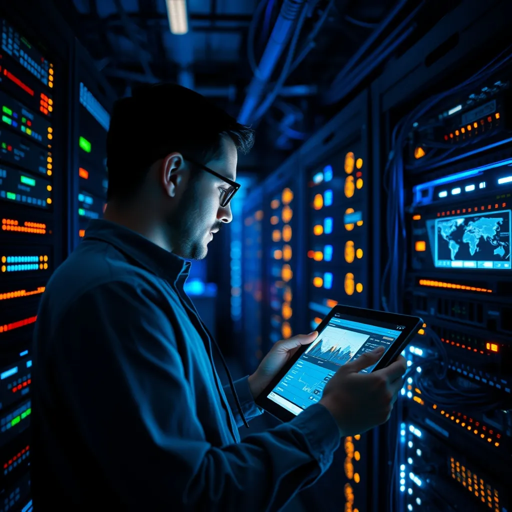 Salle serveur supervisée par un administrateur système à l'aide d'un tableau de bord de monitoring