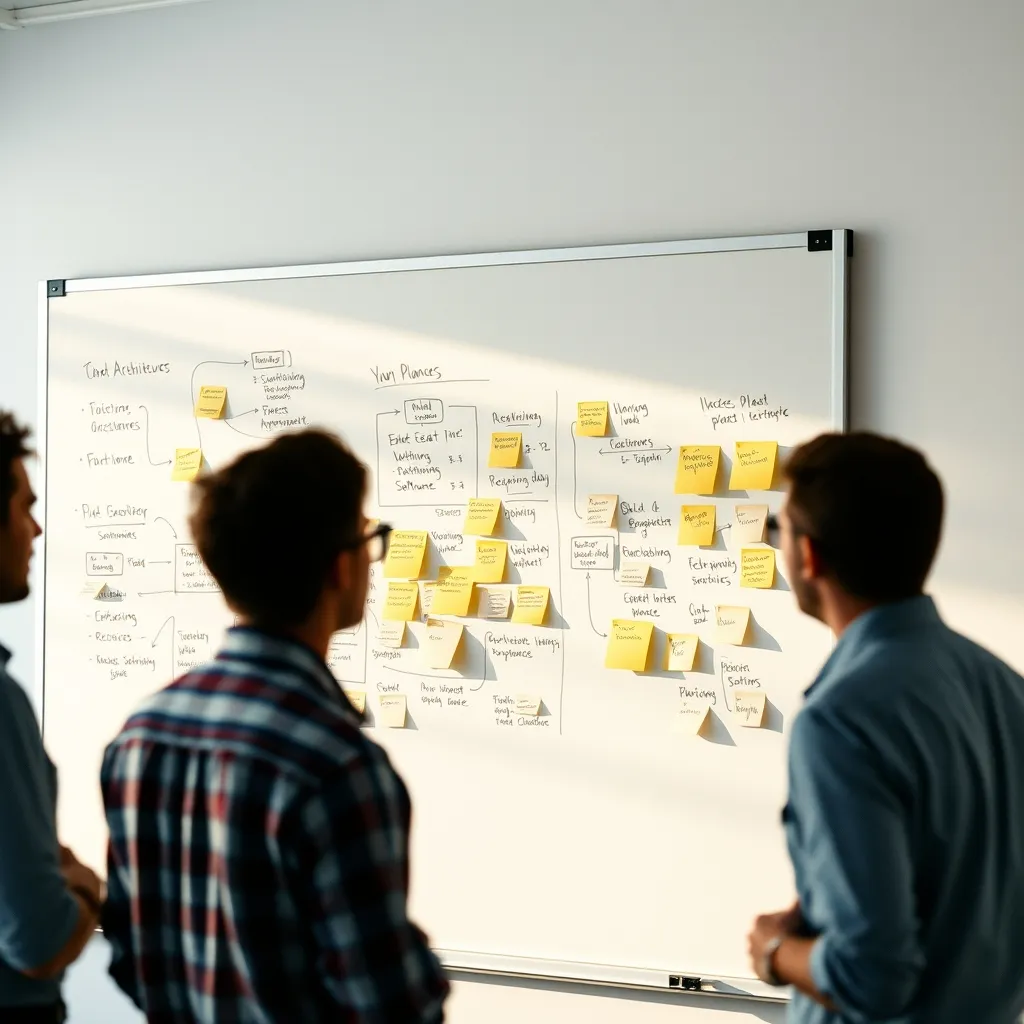 Planification d'architecture logicielle avec diagrammes sur tableau blanc