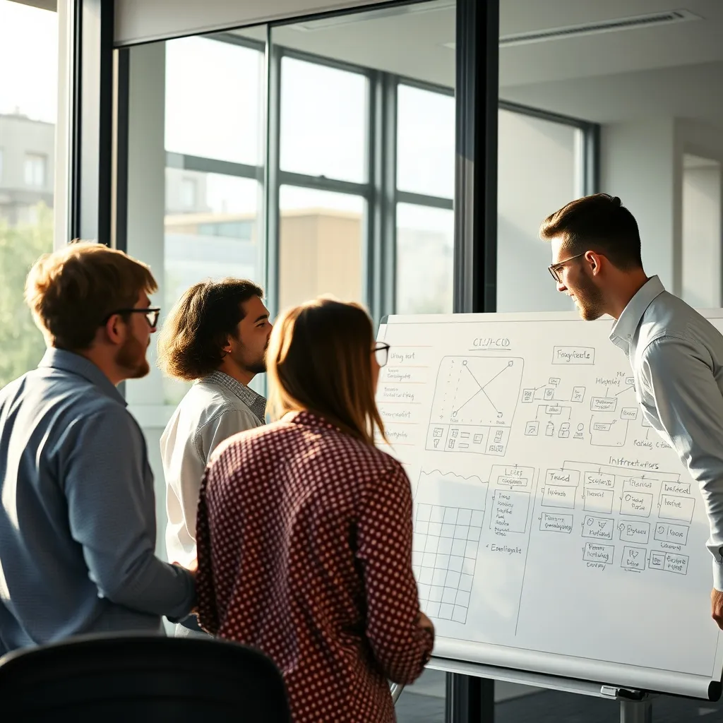 Une équipe technique collabore autour d'un schéma d'architecture d'infrastructure DevOps