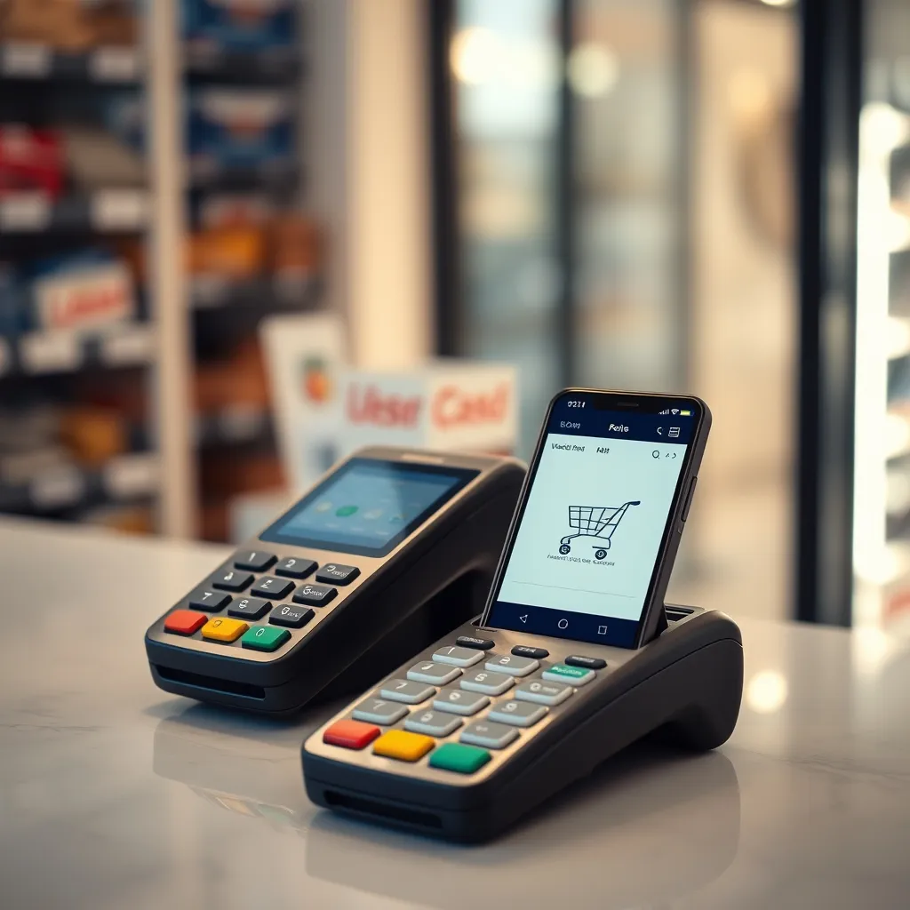 Terminal de paiement et smartphone illustrant les frais de transaction e-commerce