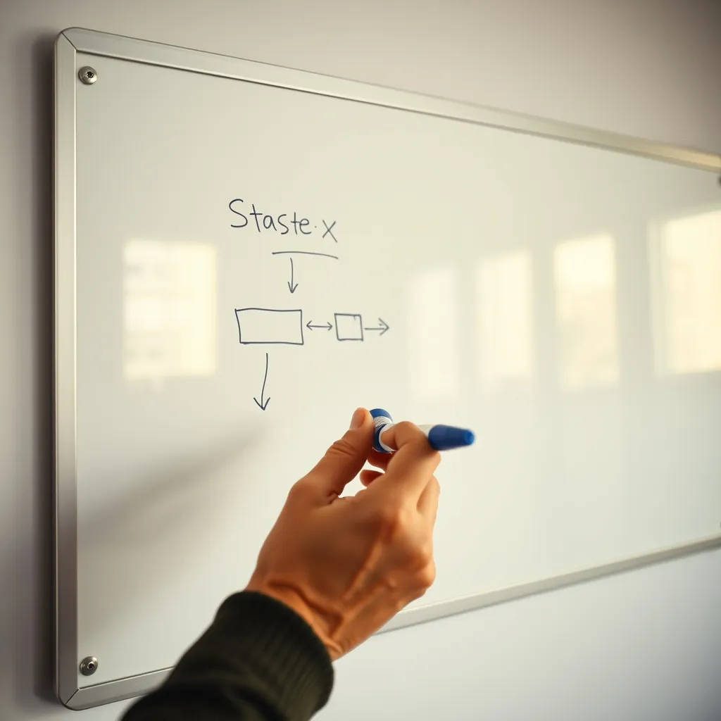 Schéma d'une machine à états sur tableau blanc, un cas d'usage fréquent des énumérations