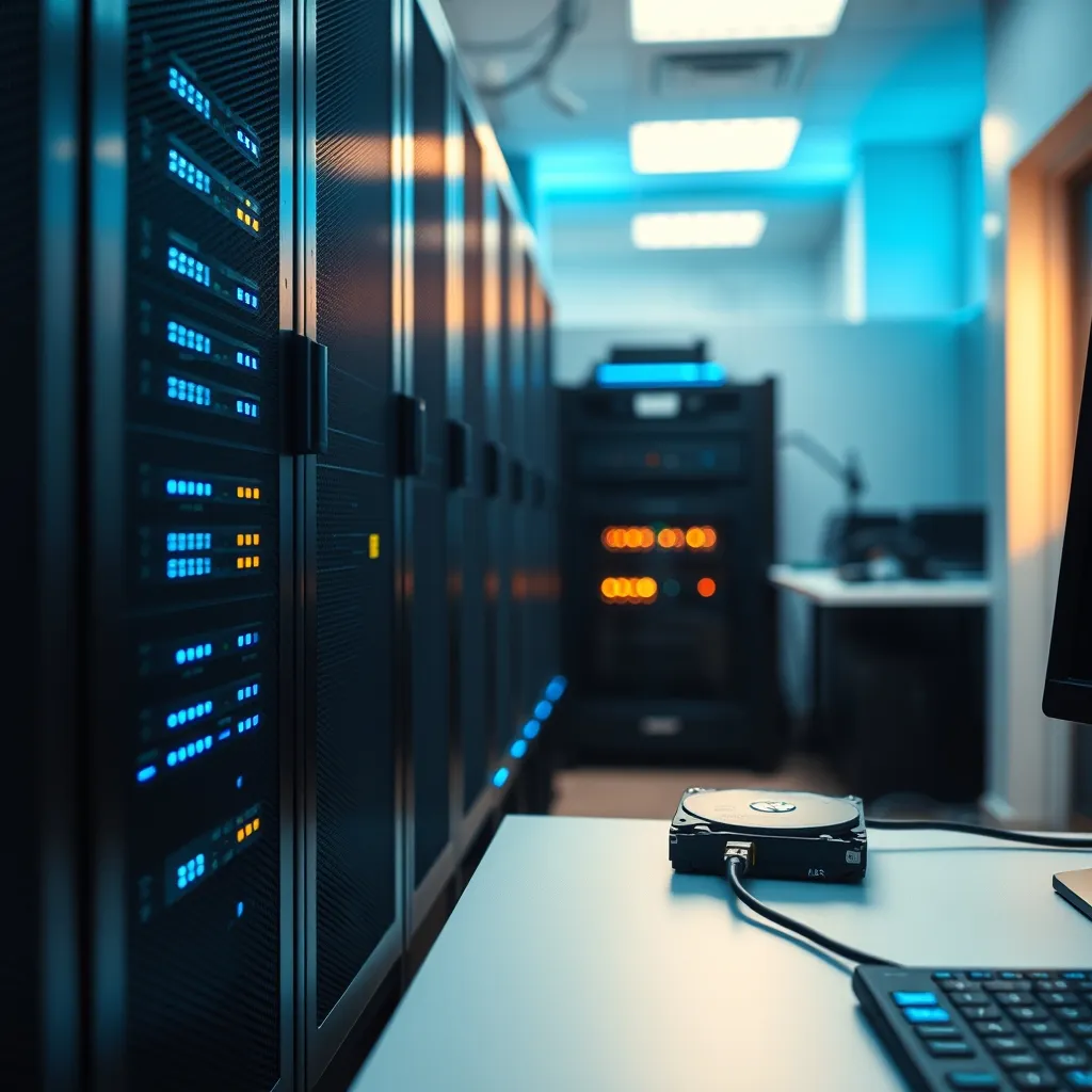 Un serveur de production connecté à un support de sauvegarde externe dans un datacenter moderne